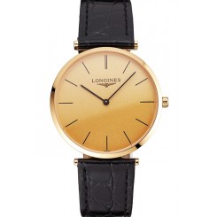Fake High Quality Swiss Longines Grande Classique Gold Dial Gold Case Black Leather Strap