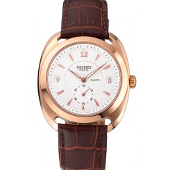 Hermes Dressage White Dial Rose Gold Case Brown Leather Strap
