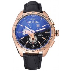 High Quality Tag Heuer Carrera Rose Gold Bezel with Black Dial and Black Leather Strap 621538