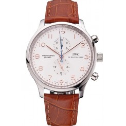 IWC Portugieser Chronograph White Dial Rose Gold Hands And Numerals Stainless Steel Case Brown Leather Strap