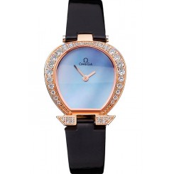 Omega Ladies Watch Blue Dial Gold Case With Diamonds Black Leather Strap 622830 Watch