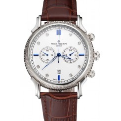 Patek Philippe Chronograph White Dial With Diamond And Blue Markings Stainless Steel Case Brown Leather Strap