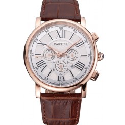 Quality Cartier Rotonde Chronograph White Dial Rose Gold Case Brown Leather Strap