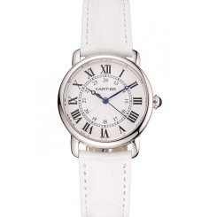 Replica Cartier Ronde White Dial Stainless Steel Case White Leather Strap