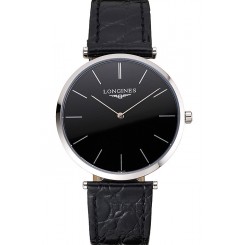 Swiss Longines Grande Classique Black Dial Stainless Steel Case Black Leather Strap