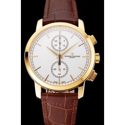 Swiss Vacheron Constantin Patrimony Traditionnelle Chronograph White Dial Gold Case Brown Leather Strap 1453766