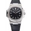 Patek Philippe Nautilus Black Dial Brushed Stainless Steel Case Black Leather Strap