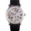 Replica Cartier Luxury Skeleton Watch with Silver Bezel and Black Leather Band 621559