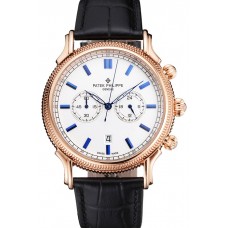 AAAAA Patek Philippe Chronograph White Dial Blue Markings Rose Gold Case Black Leather Strap