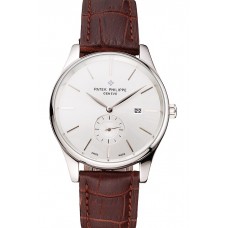 Best Quality Patek Philippe Calatrava Date Silver Dial Stainless Steel Case Brown Leather Strap