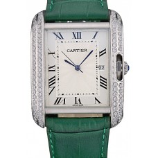 Cartier Tank Anglaise 36mm White Dial Diamonds Steel Case Green Leather Bracelet