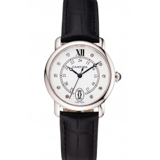 Copy Best Cartier Ronde White Dial Diamond Hour Marks Stainless Steel Case Black Leather Strap