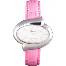 Copy Chopard Luxury Silver Bezel with White Dial and Pink Leather Strap 621543