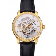 Copy Swiss Patek Philippe Complications Openworked Dial Gold Case Fluted Bezel Black Leather Strap