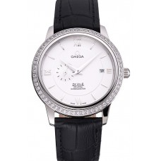 Designer Omega De Ville Prestige Co-Axial White Dial Silver Diamond Case Black Leather Strap Roman Numeral