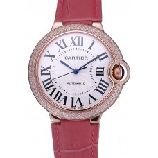 Fake AAAAA Swiss Cartier Ballon Bleu de Cartier White Dial Diamonds Case Pink Leather Bracelet 622553