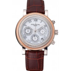 Fake Patek Philippe Grand Complications Hobnail Bezel Roman Numerals Brown Leather Strap