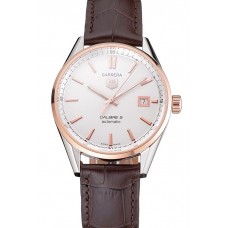 Fake Swiss Tag Heuer Carrera Calibre 5 White Dial Rose Gold Case Brown Leather Strap