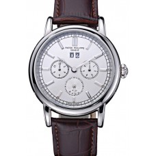 Imitation High Quality Patek Philippe Geneve Grand Complications White Dial Stainless Steel Bezel Brown Leather Band 622151