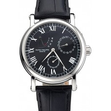 Imitation Patek Philippe Geneve Complications Black Dial Stainless Steel Bezel Black Leather Band 622141