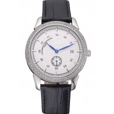Imitation Vacheron Constantin Traditionnelle White Ship Dial Stainless Steel Case With Diamonds Black Leather Strap