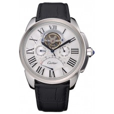 Knockoff Cartier Calibre Tourbillon White Dial Stainless Steel Case Black Leather Strap 622751