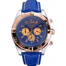 Knockoff Designer Breitling Chronomat Blue Dial Rose Gold Bezel And Subdials Stainless Steel Case Blue Leather Strap