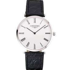 Luxury Swiss Longines Grande Classique White Dial Roman Numerals Stainless Steel Case Black Leather Strap