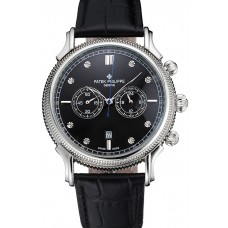 Patek Philippe Chronograph Black Dial With Diamonds Stainless Steel Case Black Leather Strap