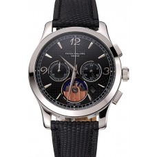 Patek Philippe Chronograph Black Guilloche Dial Stainless Steel Case Black Leather Strap
