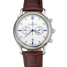 Patek Philippe Chronograph White Dial With Diamond And Blue Markings Stainless Steel Case Brown Leather Strap