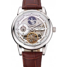 Patek Philippe Dual Time Moonphase Tourbillon White Skeletonised Dial Stainless Steel Case Brown Leather Strap