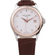 Patek Philippe Geneve Calatrava Crystal Studded Hour Marker White Dial Brown Leather Strap