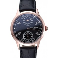Patek Philippe Geneve Two Dial Black Dial Rose Gold Bezel Black Leather Band 622146