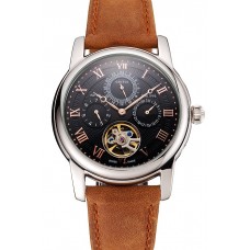 Patek Philippe Grand Complications Day Date Tourbillon Black Dial Rose Gold Numerals Stainless Steel Case Brown Suede Leather Strap 1453815
