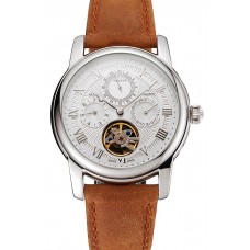 Patek Philippe Grand Complications Day Date Tourbillon Whie Dial Stainless Steel Case Brown Suede Leather Strap 1453817