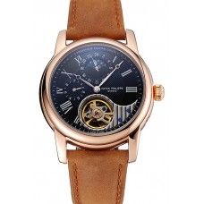 Patek Philippe Grand Complications GMT Moonphase Tourbillon Black Dial Rose Gold Case Brown Suede Leather Strap 1453821
