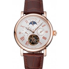 Patek Philippe Grand Complications Moonphase Perpetual Calendar Tourbillon White Dial Rose Gold Case Brown Leather Strap