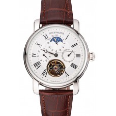 Patek Philippe Grand Complications Moonphase Perpetual Calendar Tourbillon White Dial Stainless Steel Case Brown Leather Strap