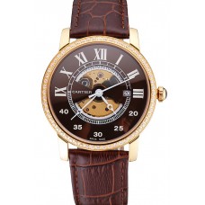 Quality Swiss Cartier Rotonde Small Complication Brown Dial Gold Diamond Case Brown Leather Strap