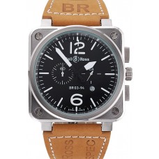 Replica Cheap Bell and Ross BR 03-94 Black Dial Silver Case Brown Leather Strap