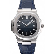 Replica Cheap Patek Philippe Nautilus Blue Dial Brushed Stainless Steel Case Blue Leather Strap