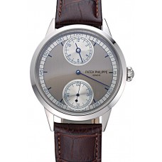 Replica Fashion Patek Philippe Geneve Two Dial Gray Dial Stainless Steel Bezel Brown Leather Band 622147