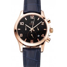 Replica High Quality Omega Chronograph Black Dial Rose Gold Case Blue Leather Strap