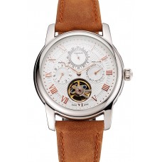 Replica Patek Philippe Grand Complications Day Date Tourbillon White Dial Rose Gold Numerals Stainless Steel Case Brown Suede Leather Strap 1453818