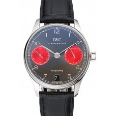 Swiss IWC Portuguese Grey Dial Red Subdials Silver Case Black Leather Bracelet 1453905