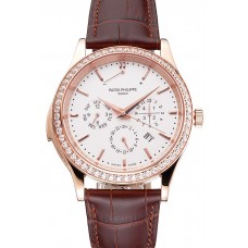 Swiss Patek Philippe Grand Complications Perpetual Calendar White Dial Rose Gold Case Diamond Bezel Brown Leather Strap