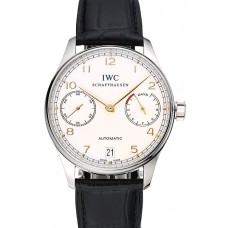 Top Swiss IWC Portuguese White Dial Gold Numerals Silver Case Black Leather Bracelet 1453908